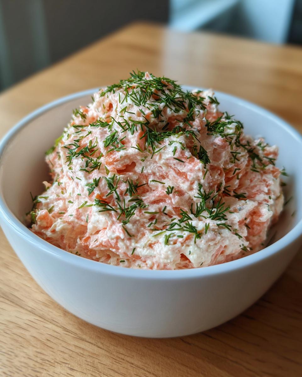 A white bowl filled with creamy, pink salmon dip generously topped with fresh chopped dill.