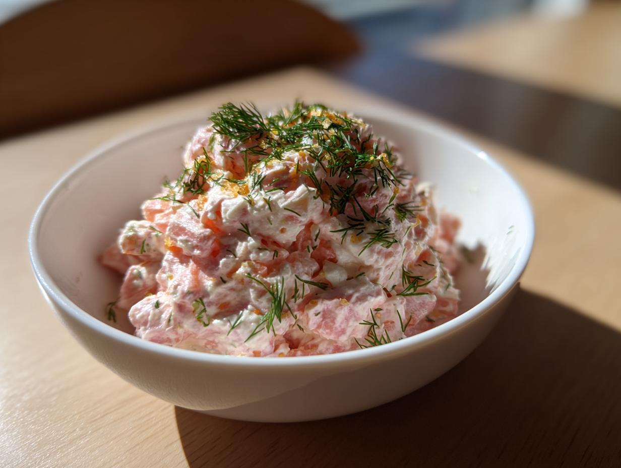A white bowl filled with creamy, pink salmon dip, garnished generously with fresh dill.