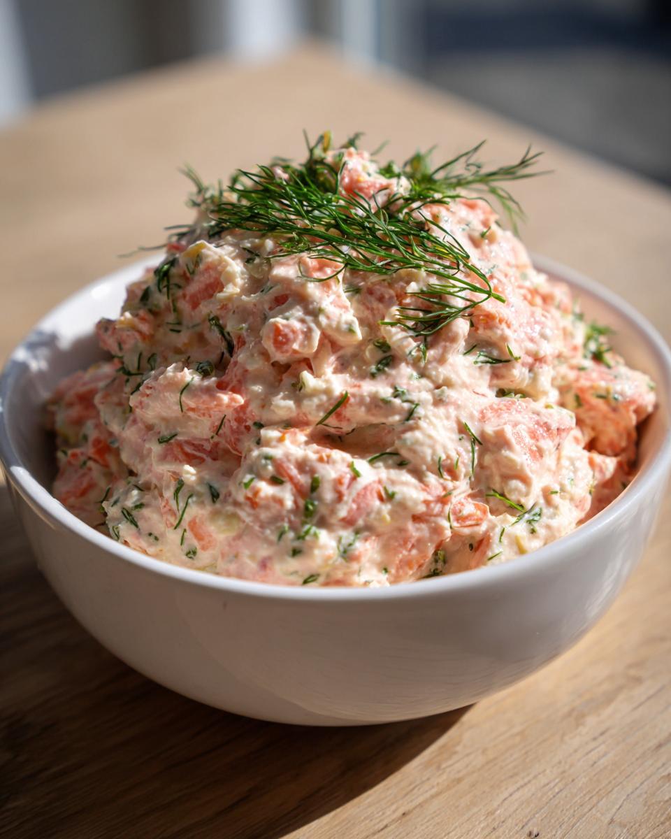 A creamy, pink salmon dip topped generously with fresh dill in a white bowl.