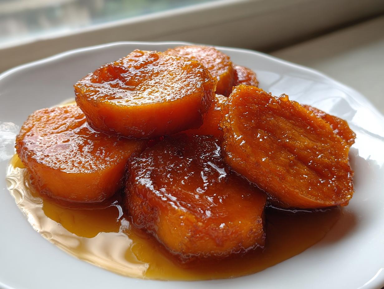 Close-up of thick slices of bright orange candied yams coated in a thick, glossy brown sugar glaze.