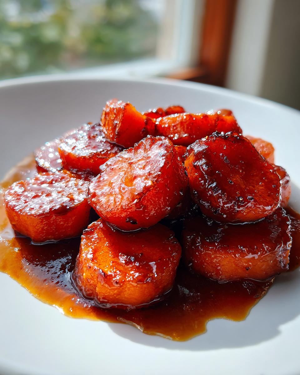 A close-up of glistening, thick-cut candied yams coated in a rich, dark brown glaze, served on a white plate.