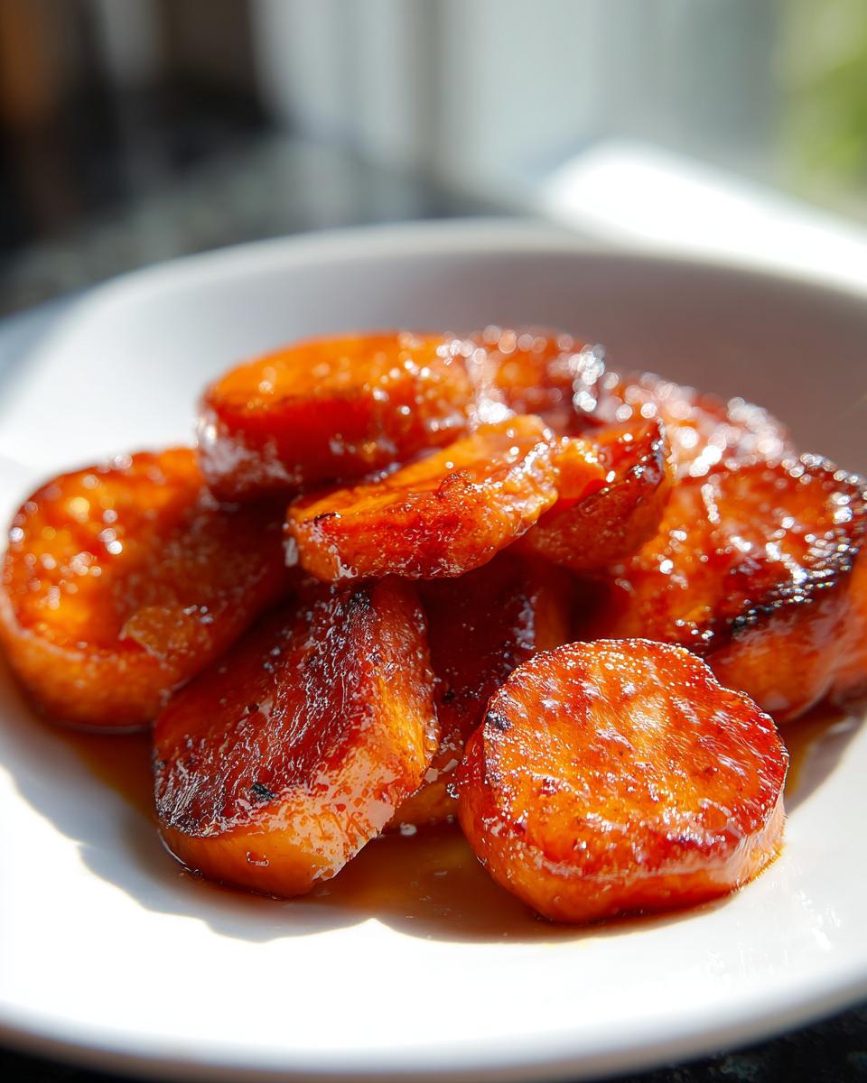 Close-up of thick, round slices of candied yams coated in a rich, shiny brown sugar glaze.