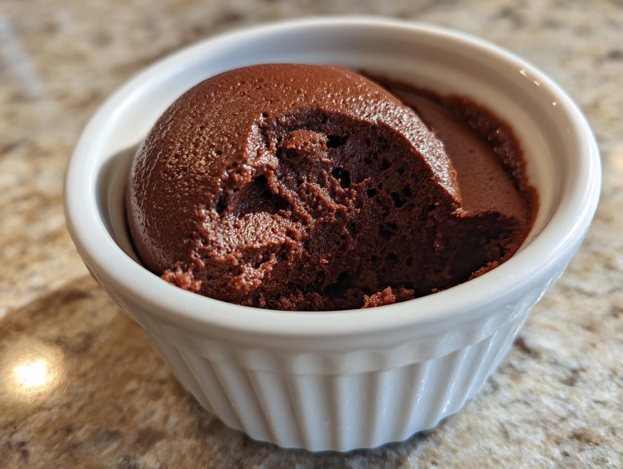 A close-up of rich, dark chocolate mousse served in a white fluted ramekin.