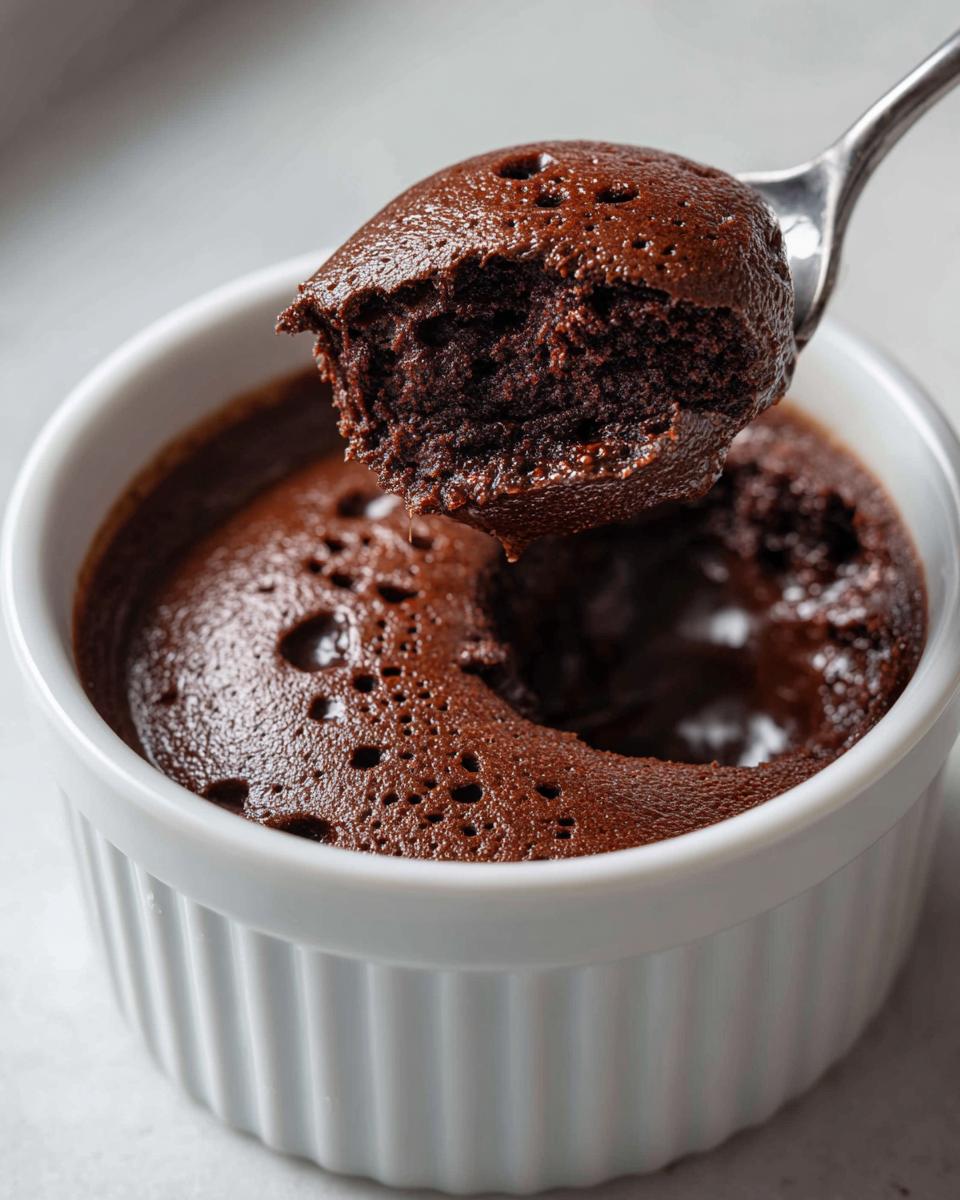 A spoonful of rich, dark chocolate mousse being lifted from a white ramekin.