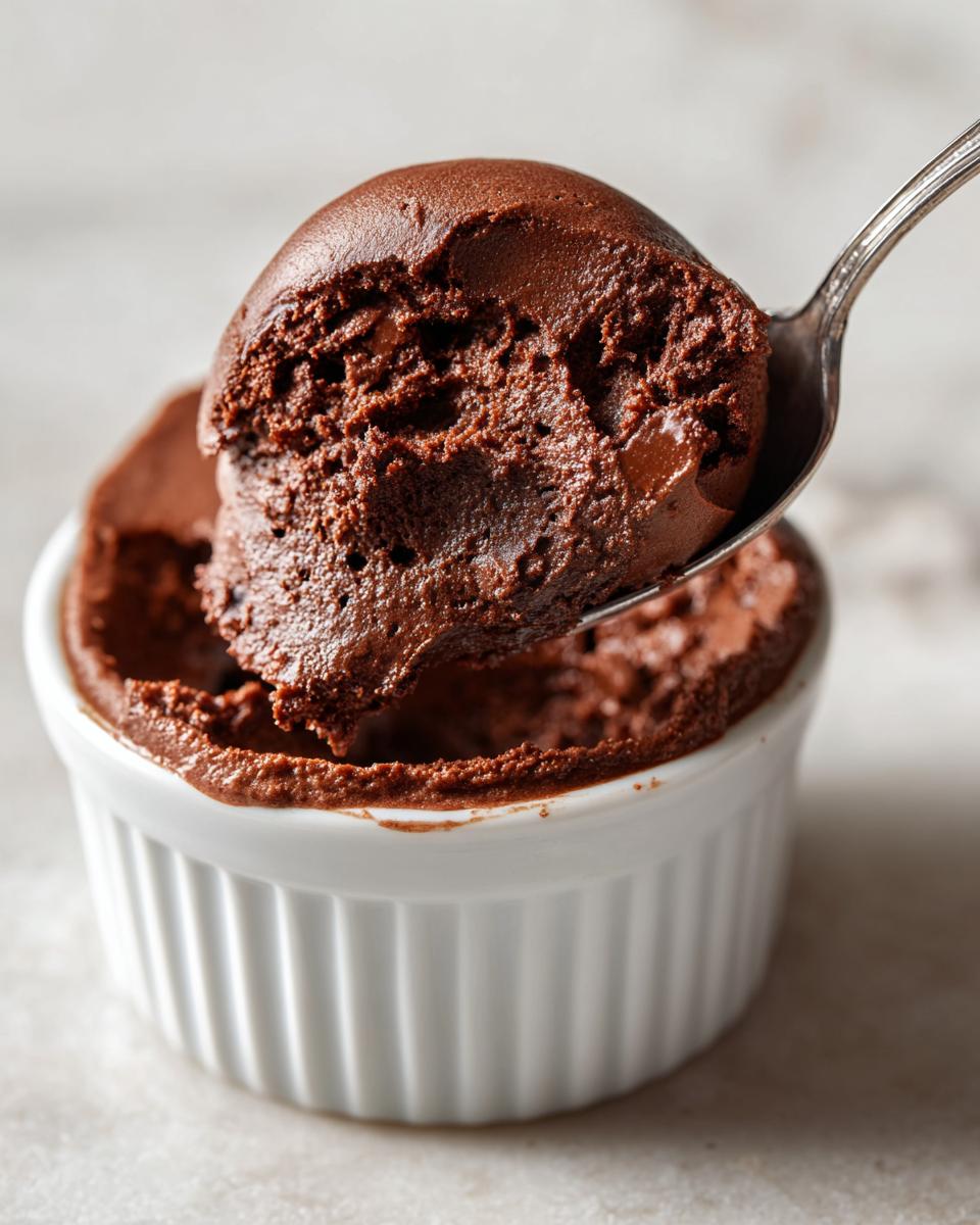A spoonful of rich, airy chocolate mousse being lifted from a white ramekin.
