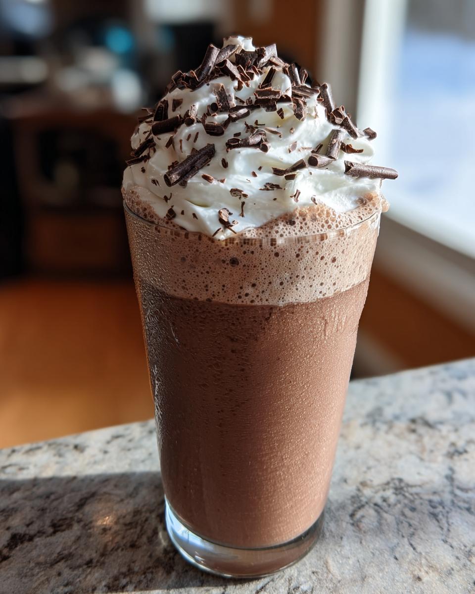 A tall glass filled with blended frozen hot chocolate, topped with whipped cream and chocolate shavings.