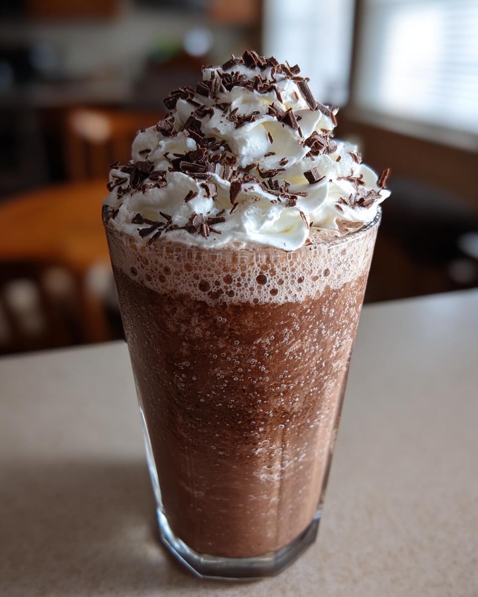 A tall glass filled with blended frozen hot chocolate, topped with whipped cream and chocolate shavings.