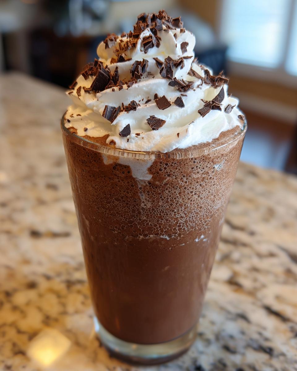A tall glass filled with blended frozen hot chocolate, topped with whipped cream and chocolate shavings.