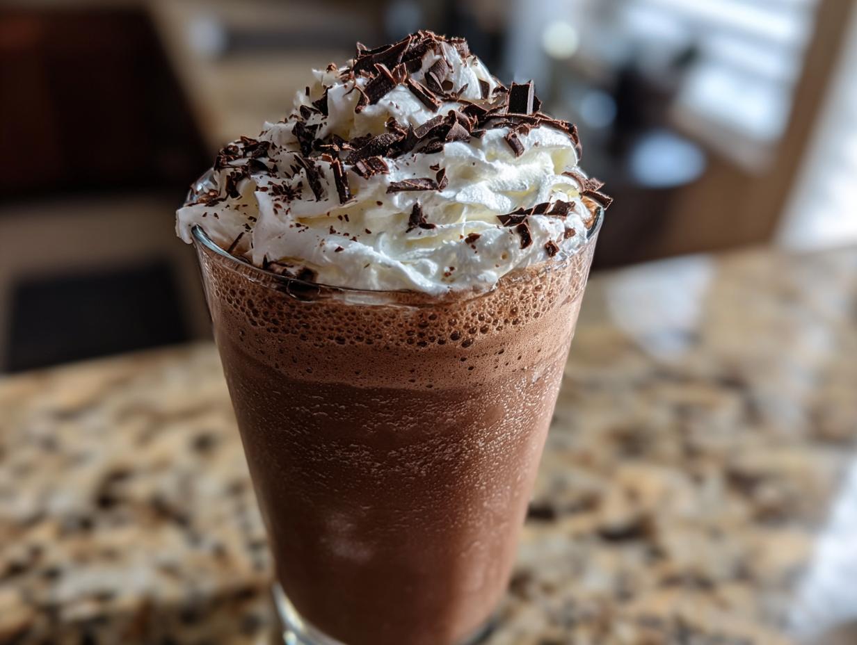 A tall glass filled with blended frozen hot chocolate, topped with whipped cream and chocolate shavings.