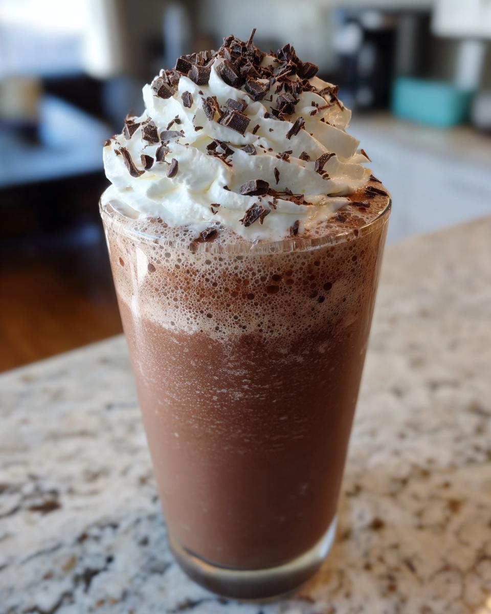 A tall glass of blended frozen hot chocolate topped with whipped cream and chocolate shavings.