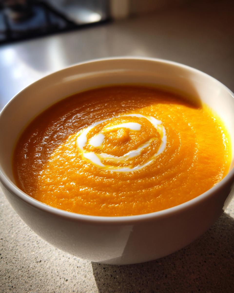Close-up of a vibrant orange bowl of smooth pumpkin soup, garnished with a white cream swirl.