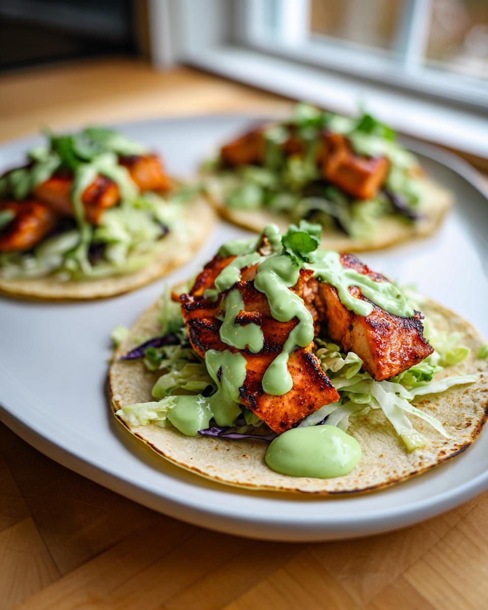 Three delicious salmon tacos topped with shredded lettuce and a vibrant green creamy sauce.