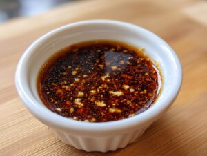 A small white ramekin filled with dark, savory Dumpling Sauce featuring visible flakes of chili and minced garlic.