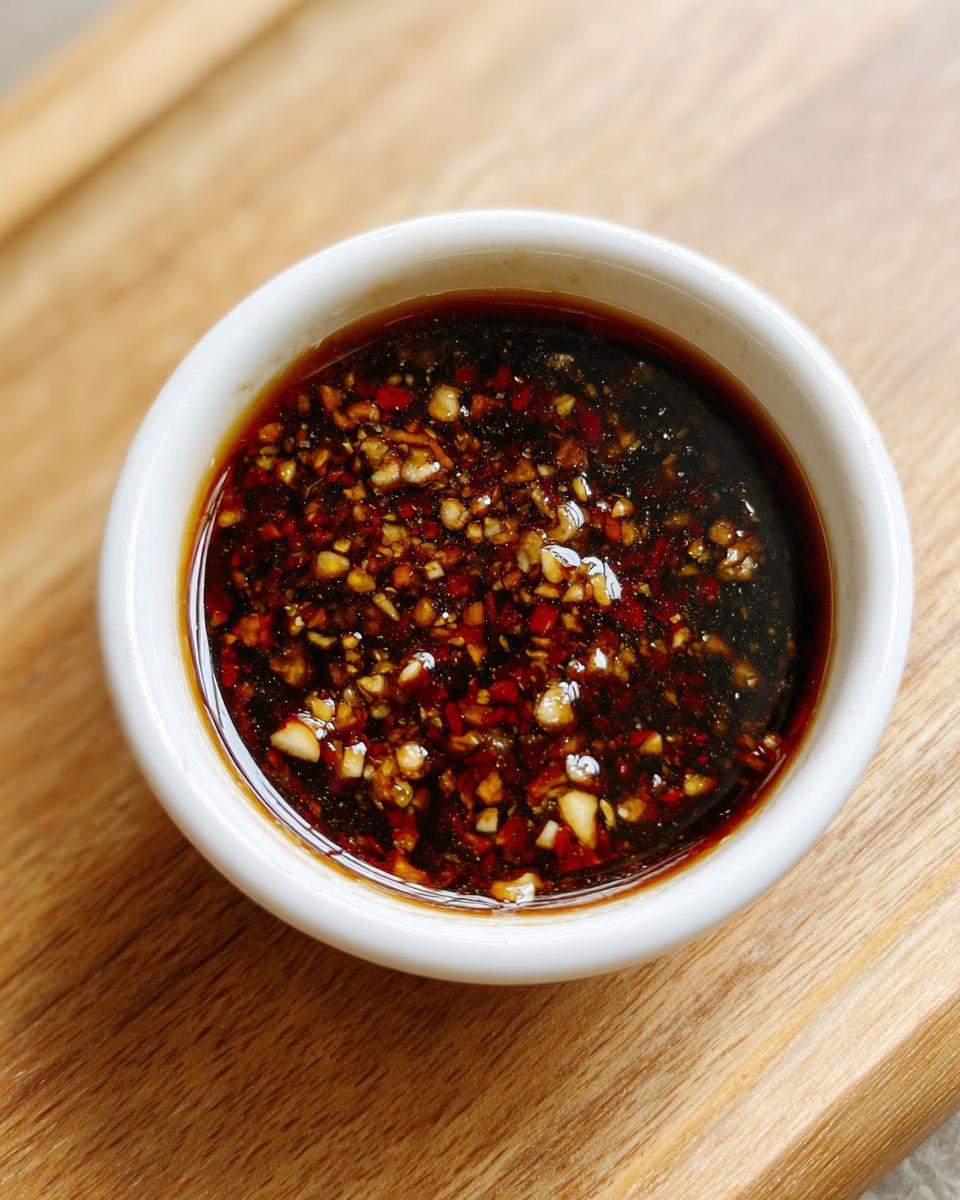 Close-up of a small white bowl filled with rich, dark Dumpling Sauce featuring visible minced garlic and chili flakes.