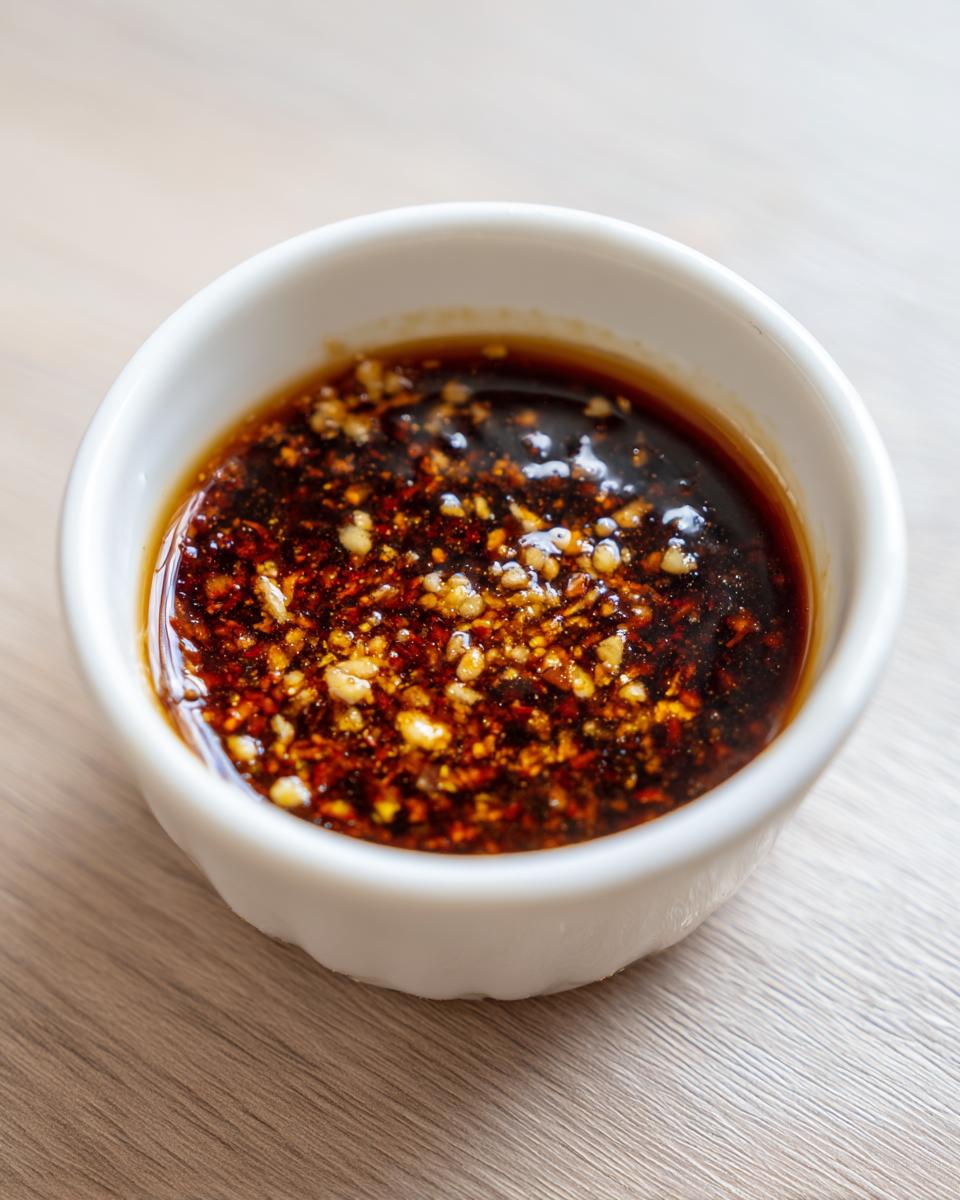 A small white bowl filled with dark, flavorful Dumpling Sauce topped with chili flakes and minced garlic.