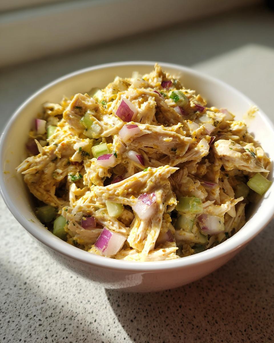Close-up of shredded chicken mixed with red onion and celery in a creamy honey mustard chicken salad.