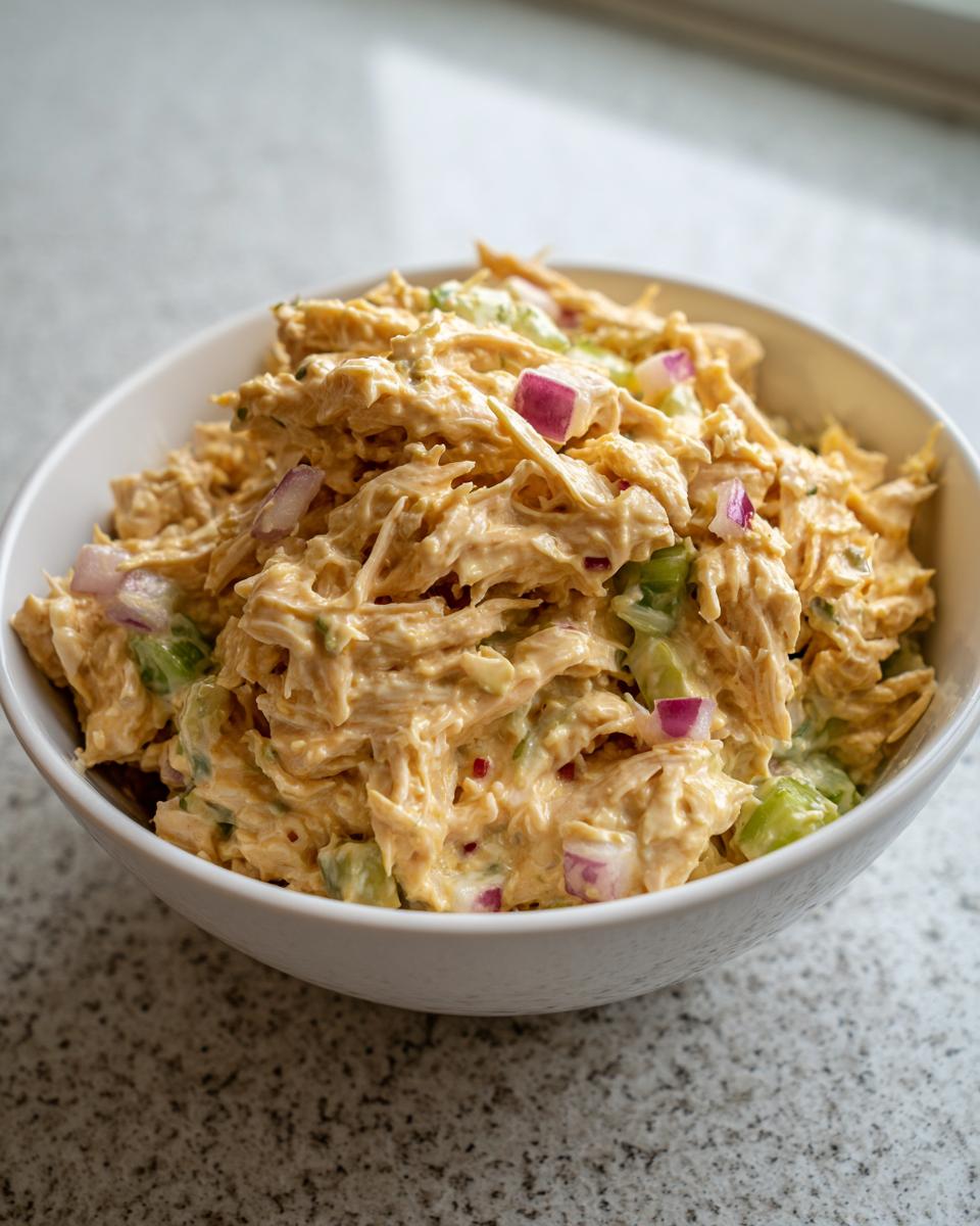 Close-up of shredded chicken mixed in a creamy dressing with celery and red onion, ready to eat honey mustard chicken salad.