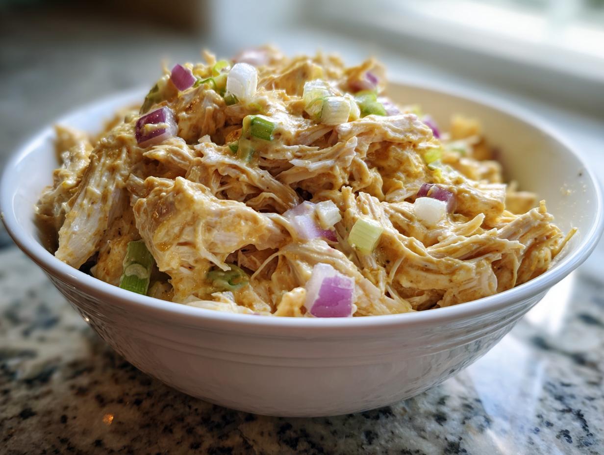 Close-up of shredded chicken mixed in a creamy dressing, topped with red onion and green onion, representing honey mustard chicken salad.