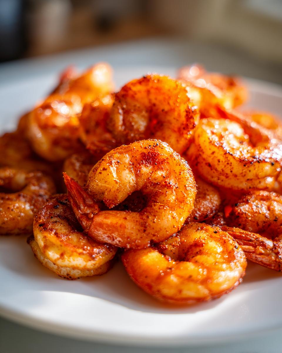 Close-up of seasoned, cooked air fryer frozen shrimp piled on a white plate, showing crispy edges.