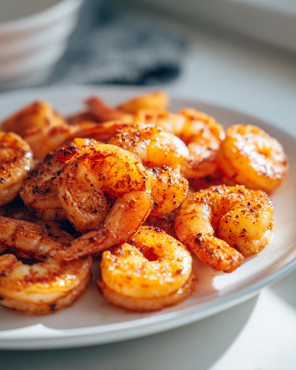 Close-up of seasoned, cooked air fryer frozen shrimp piled on a white plate, showing bright orange color.