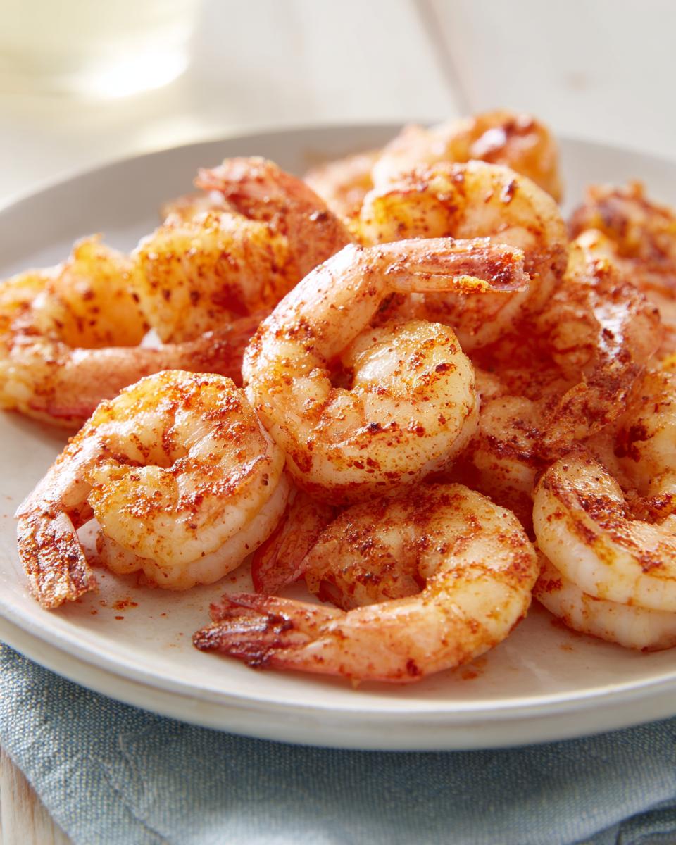 A close-up of seasoned, cooked air fryer frozen shrimp piled on a white plate.