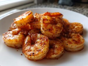 Close-up of perfectly cooked air fryer frozen shrimp seasoned with spices on a white plate.