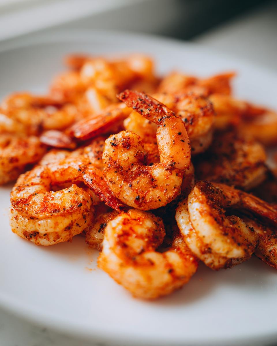 Close-up of perfectly cooked, seasoned air fryer frozen shrimp piled on a white plate.