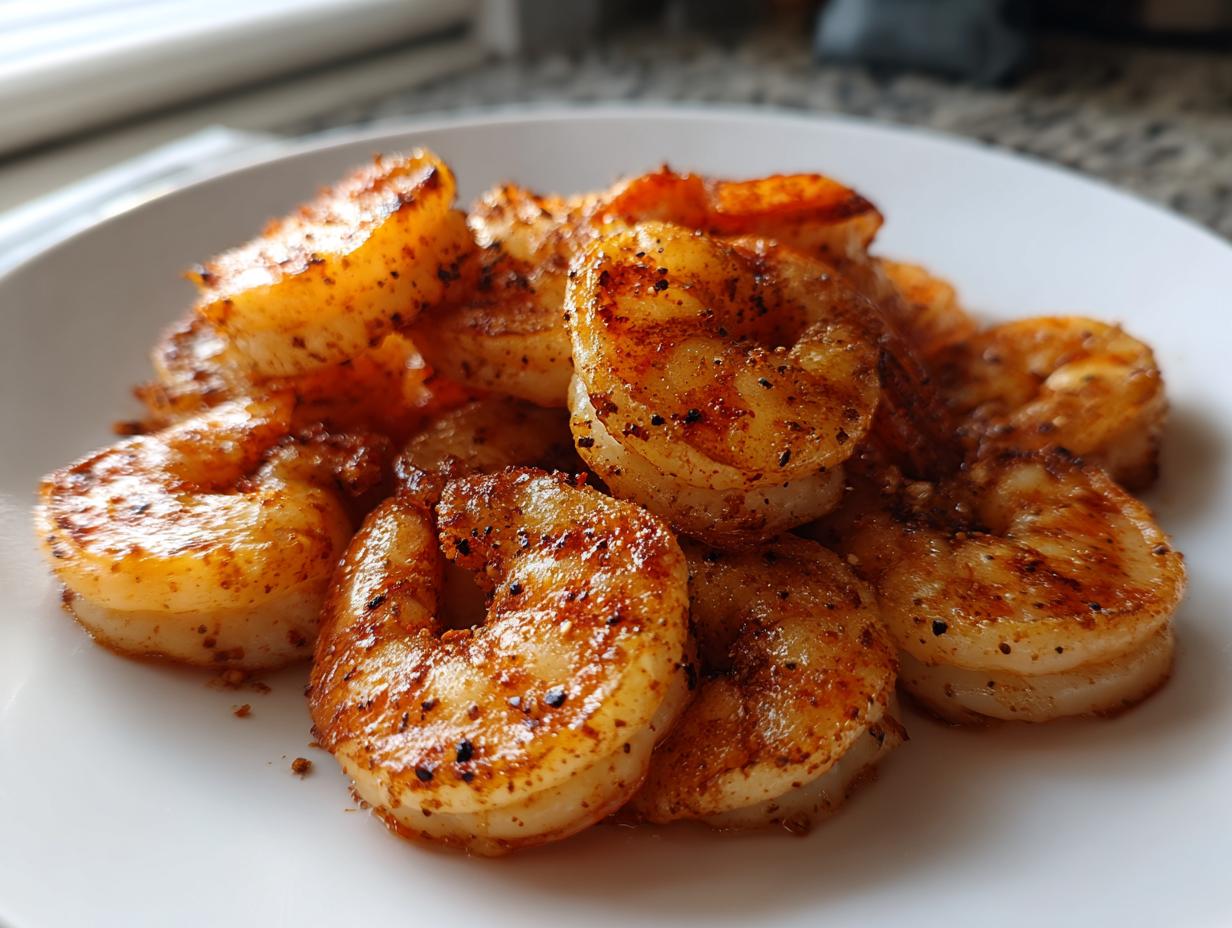 Close-up of perfectly cooked air fryer frozen shrimp seasoned with spices on a white plate.