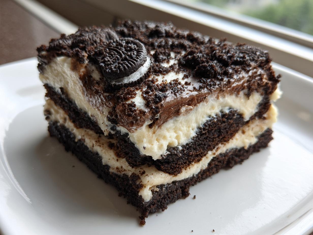 Close-up of a rich, layered slice of dirt cake featuring chocolate cookie layers and cream filling, topped with crushed cookies and an Oreo.