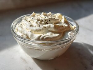 A close-up of creamy, whipped garlic sauce topped with cracked black pepper in a small glass bowl.