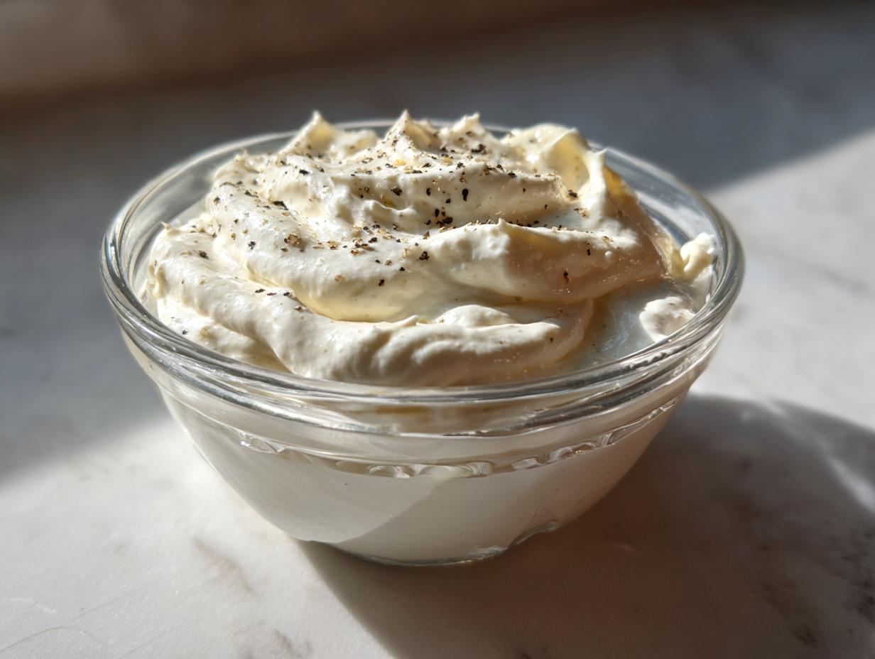 A close-up of creamy, whipped garlic sauce topped with cracked black pepper in a small glass bowl.