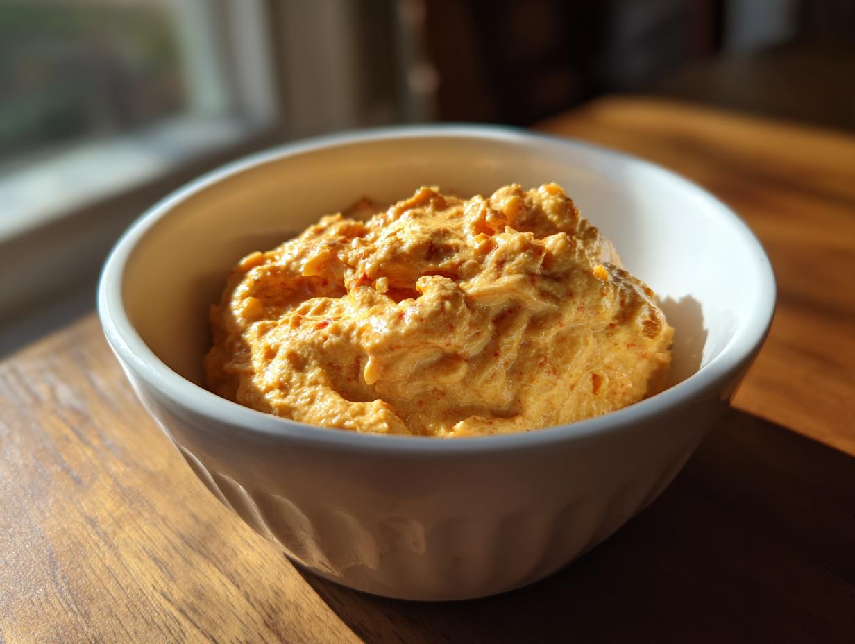 Close-up of a creamy, orange-colored beer cheese dip served in a white bowl on a wooden surface.