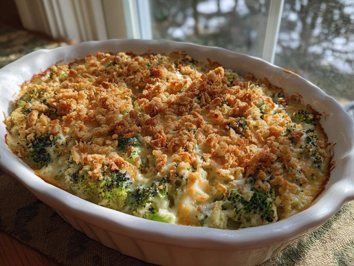 A freshly baked broccoli casserole in a white dish, featuring creamy sauce and a crunchy, golden breadcrumb topping.