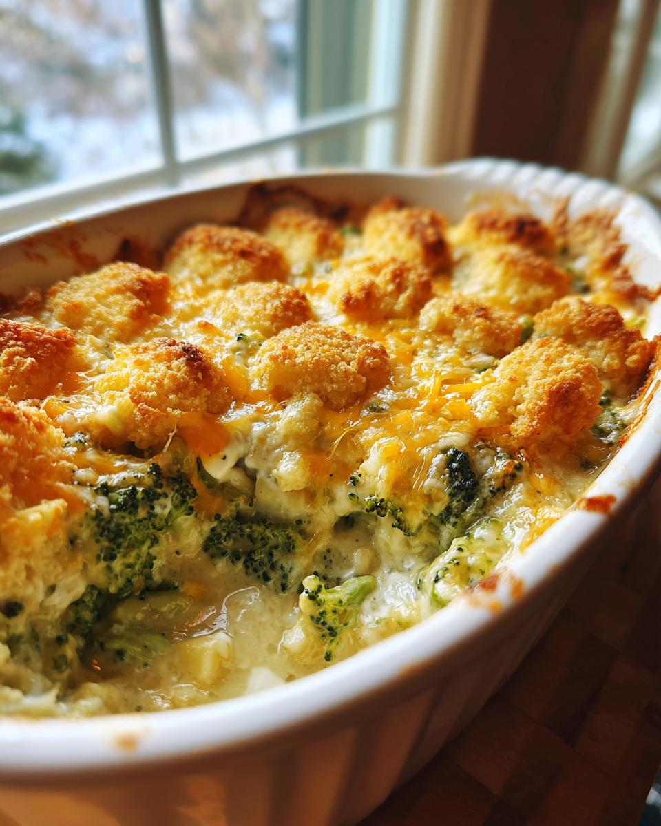 A close-up of a creamy, bubbling broccoli casserole topped with golden biscuit mounds and melted cheddar cheese.