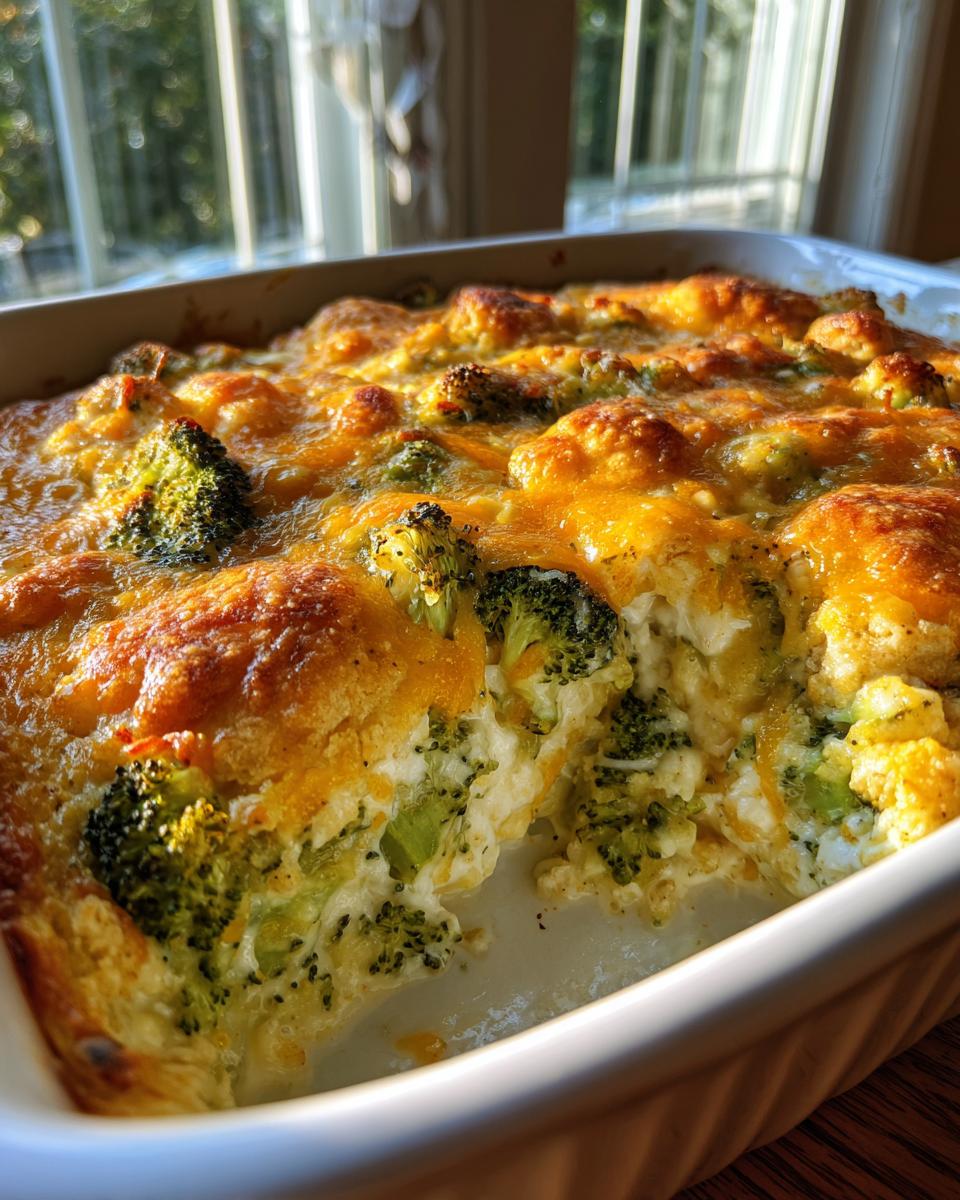 A close-up of a creamy, baked broccoli casserole topped with melted, browned cheddar cheese in a white dish.