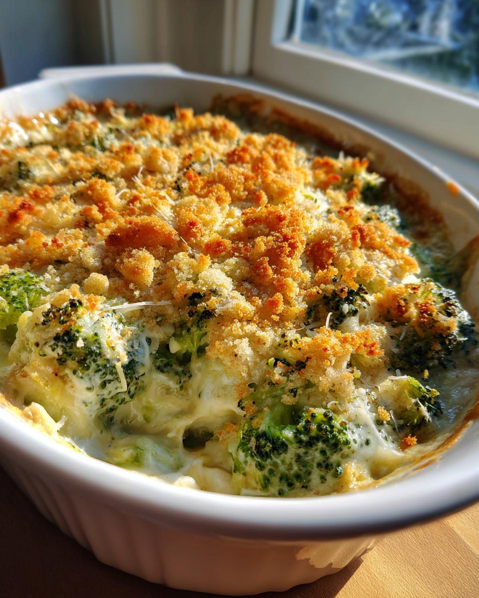 Close-up of a creamy, cheesy broccoli casserole topped with golden brown breadcrumbs.