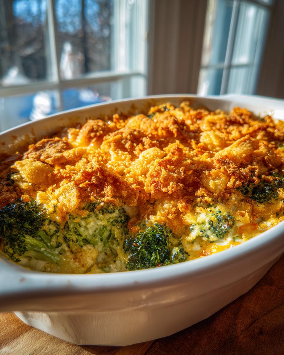 Close-up of a freshly baked broccoli casserole with a golden, crunchy breadcrumb topping.