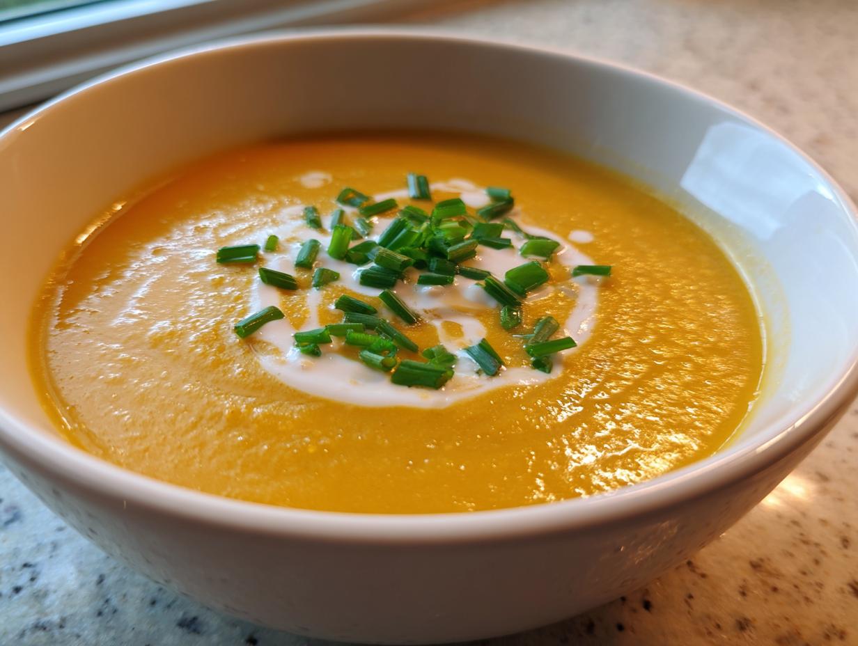 A close-up of a vibrant orange bowl of creamy cheese soup, topped with a swirl of cream and fresh chopped chives.