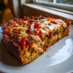 A thick, golden slice of chicken crust pizza topped with melted mozzarella, red peppers, and herbs.
