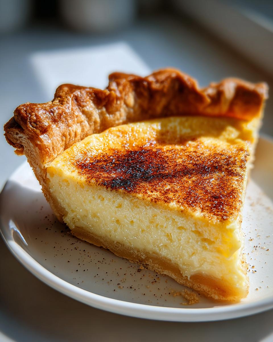 A close-up of a perfect slice of smooth custard pie with a flaky crust and a caramelized, spiced top.