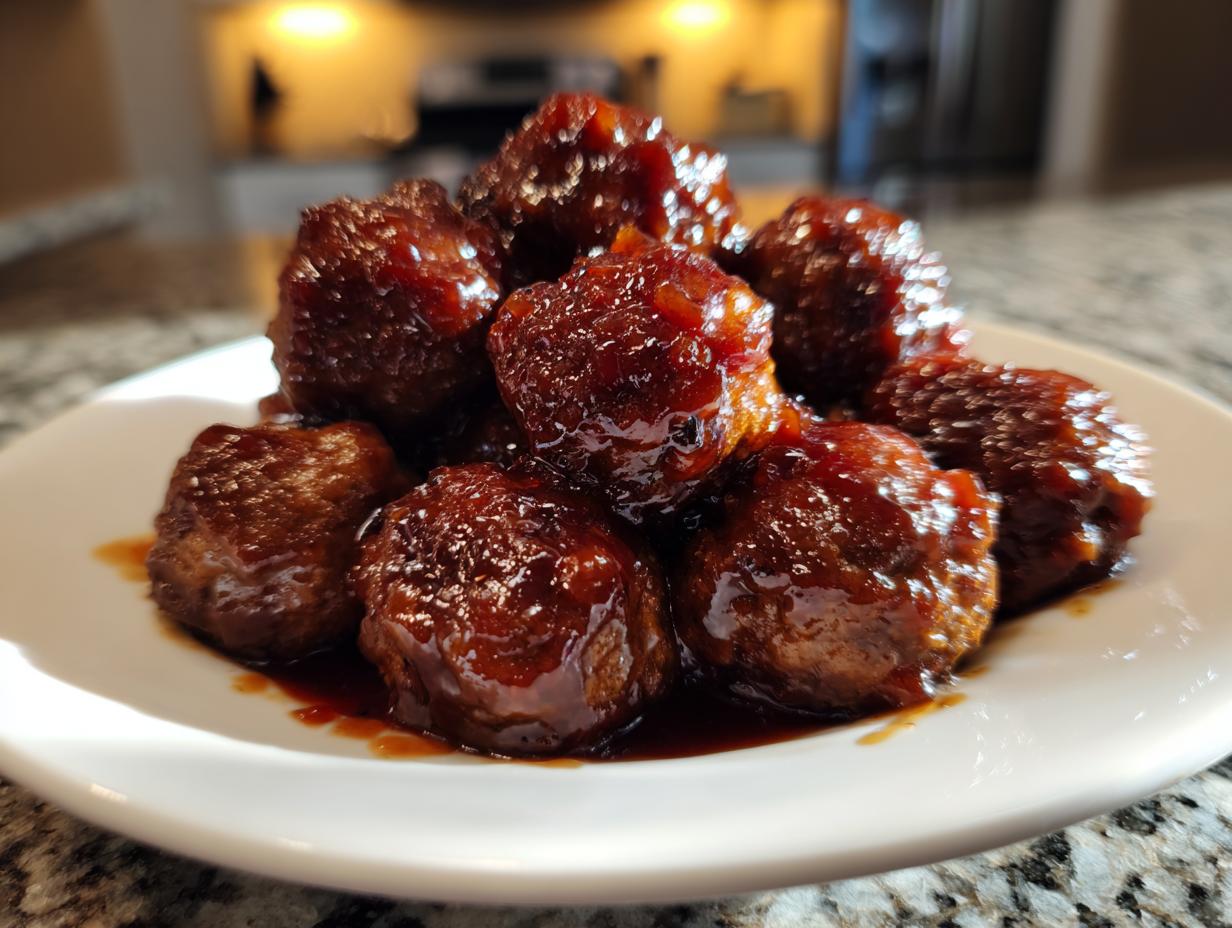 A pile of glossy, saucy grape jelly meatballs served on a small white plate.