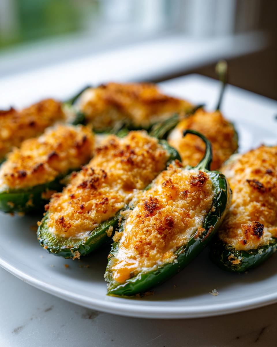 Close-up of baked Jalapeño poppers stuffed with creamy filling and topped with golden breadcrumbs.