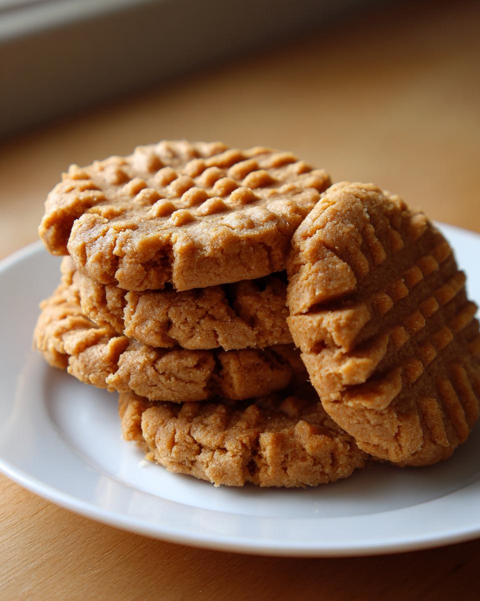 A stack of freshly baked peanut butter cookies showing the classic crisscross fork marks on a white plate.