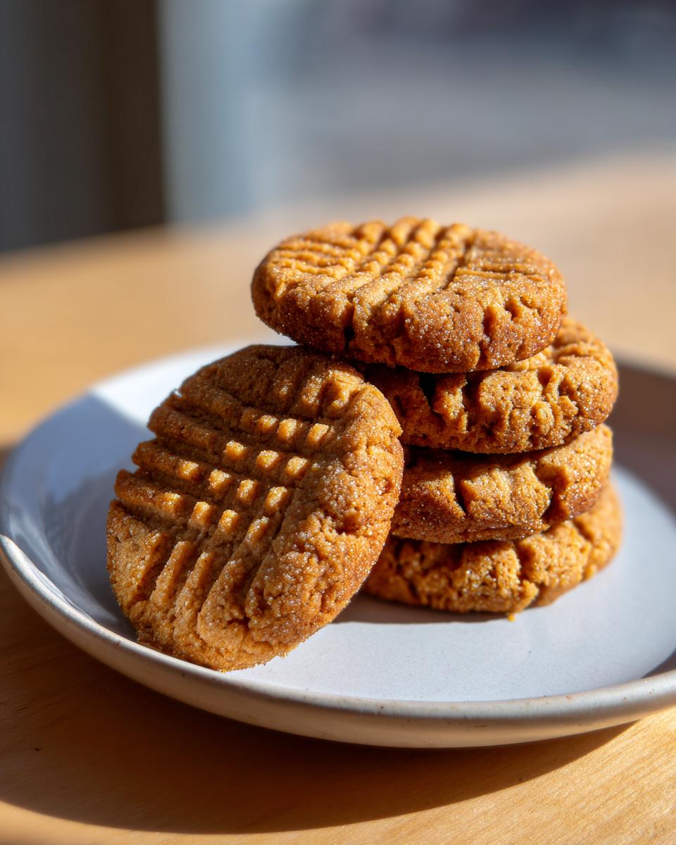 A stack of four golden brown peanut butter cookies with classic crisscross fork marks resting on a small white plate.
