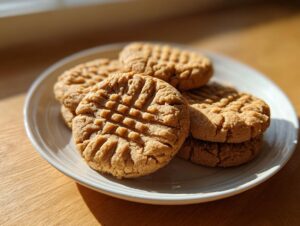 A small stack of golden brown peanut butter cookies featuring the classic crosshatch fork pattern, sitting on a white plate.