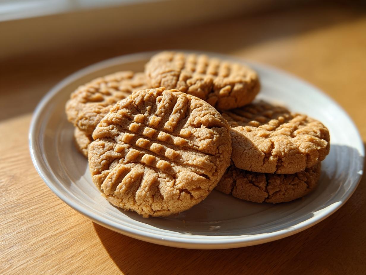A small stack of golden brown peanut butter cookies featuring the classic crosshatch fork pattern, sitting on a white plate.