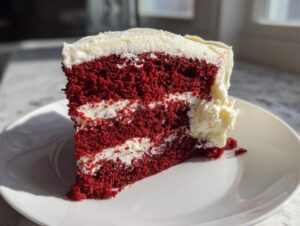 A perfect slice of moist red velvet cake layered with white cream cheese frosting, sitting on a white plate.