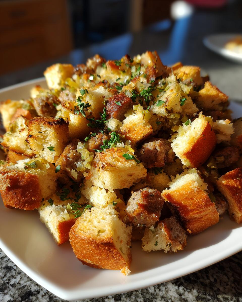 Close-up of chunks of toasted bread mixed with browned sausage pieces in this amazing sausage stuffing, garnished with parsley.