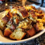 Close-up of a bowl filled with golden brown sausage stuffing cubes mixed with herbs and sausage pieces.