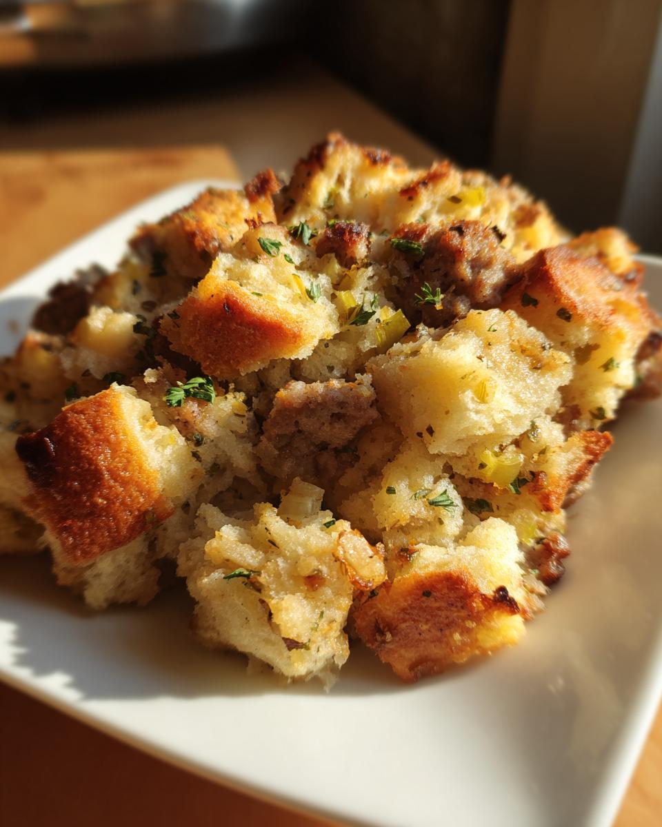 A close-up, sunlit photo of fluffy, golden-brown sausage stuffing served on a white square plate.